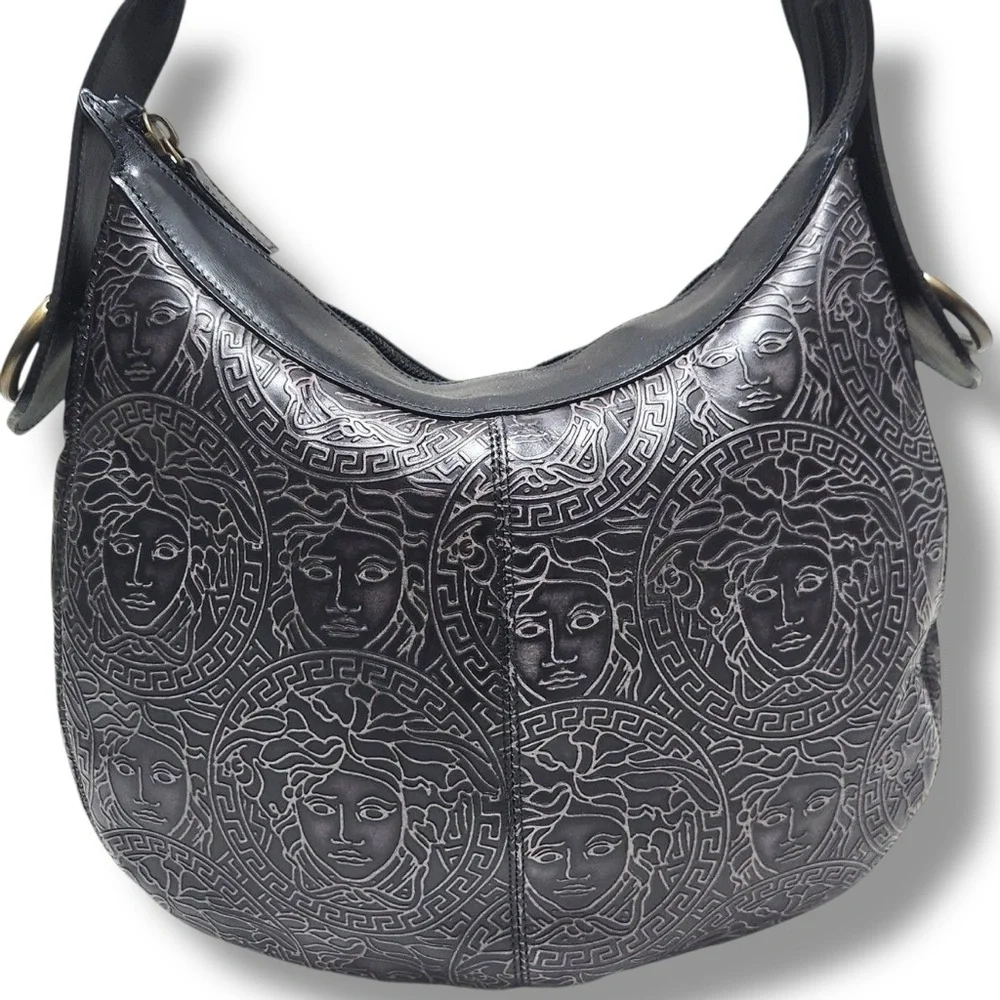 Vintage Versace Black Embossed Medusa Black Leather Women's Hobo Shoulder Bag